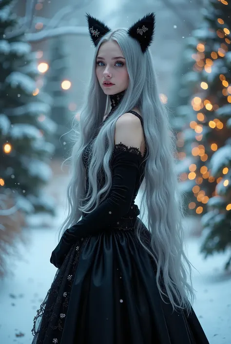 Beautiful girl 20 years old, (cat ears), magical ice gothic Christmas, with her long silver hair, ice icicles, in the style of dark black and silver, hall of mirrors, silver color gothic style, christmas tree decorated with garlands, winter, snow, magical ...