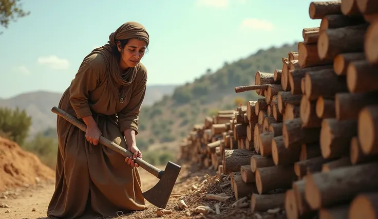 create an ultra-realistic image of a lady dressed as an ancient Israelite, chopping and stacking firewood. use a Sony Alpha 7 camera and a Sony FE f/2 5-6.5 GOM lens