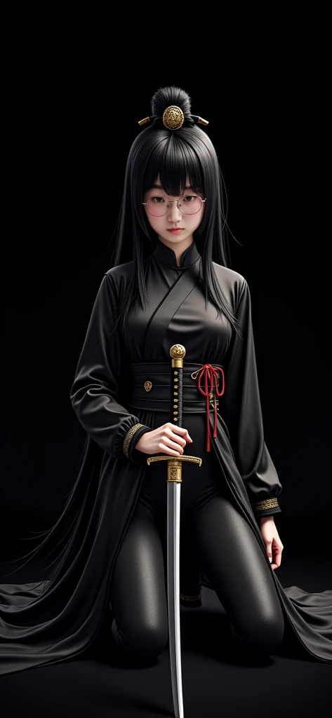  smoky makeup :2， black eyeshadow :2，black lips :2, anatomically accurate :2,Alone, 1 sword
Super  Yazawa style girl,,Solitary , black hair , Hair Burn ,Chinese clothes,Maintain ,Maintain  weapon, is twice as good , bangs ,blunt  bangs ,One knee , looking ...