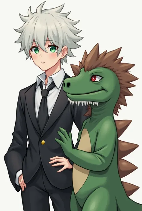 Make 2 17-year-old boys ,  one has teal eyes and white hair has a black blouse with long open sleeves as if it were a suit with a white shirt inside.  The other has short brown and disheveled hair ,  their hair covers their eyes and ,  he has a green dinos...