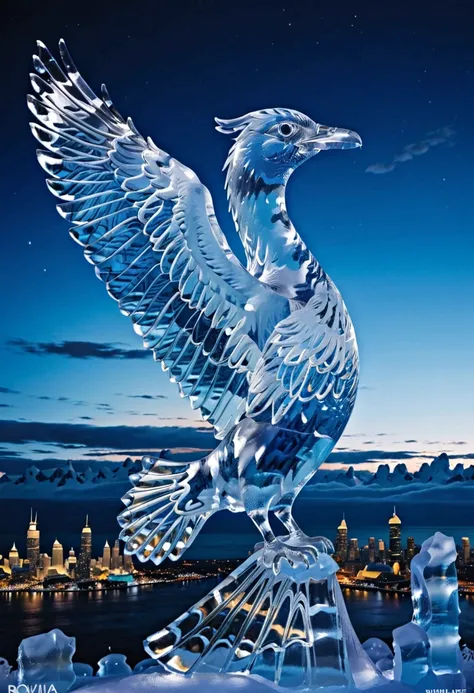 Vibrant, glowing ice sculpture of a majestic bird in mid-flight, encircled by shimmering numbers 2025, radiating a mesmerizing aura of light, set against a rich, dark blue background with subtle, swirling clouds, reminiscent of the dreamlike quality of Sim...