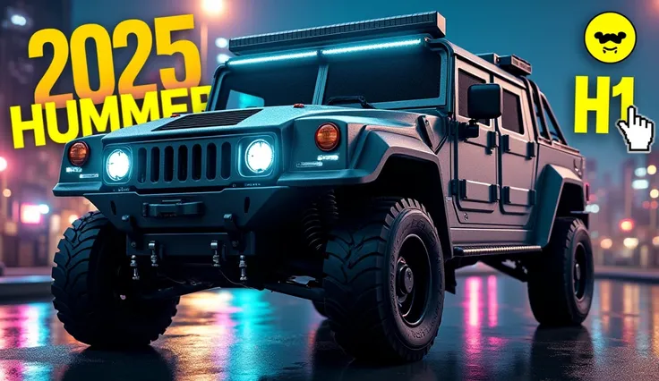 "A futuristic and rugged 2025 Hummer H1 vehicle designed for urban and off-road adventures. The Hummer is painted in metallic gray with bold black accents, equipped with large off-road tires, robust armored panels, and LED headlights emitting a bright glow...