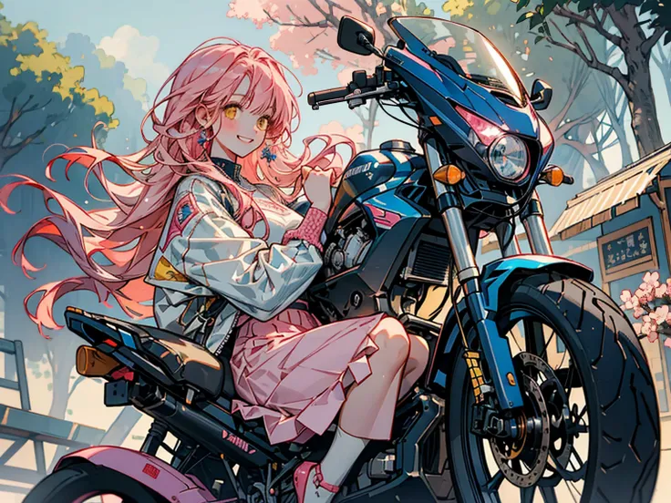 Woman riding a sports bike, high definition , masterpiece,  anatomically correct,  high detail,  textured skin , bangs ,  smile ,  Medium Full Shot ,anime,  digital art , modern, Reality, One woman , background is Sakura tree、Light in the background、Strato...