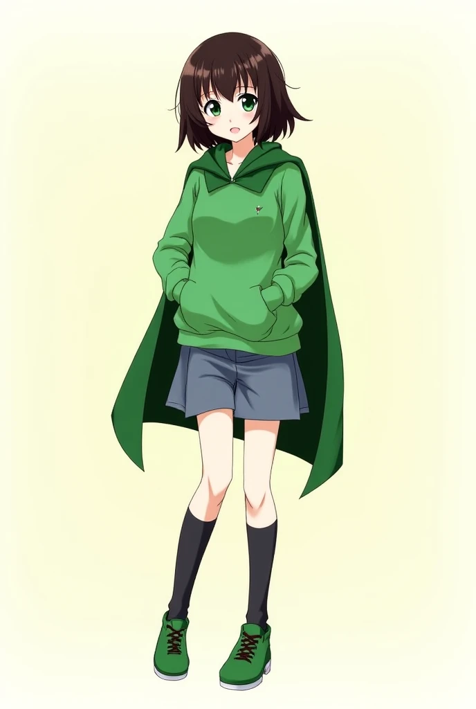 5 girls, green sweatshirt,  blue gray shorts ,  knee-length stockings , green shoes,  dark brown hair,  green eyes,  a green cape on her back ,  the first one that looks like , The 2nd 10 ,  the 3rd 12 ,  the 4th 15 and the 5th 17 