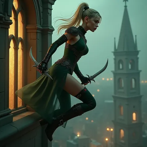 A strikingly beautiful and deadly rogue climbing up the side of a tall church tower in the city of Stormwind, illuminated by the faint glow of a well-lit leadlight church window. She is preparing to assassinate. Her lithe figure is clad in sleek, see-throu...