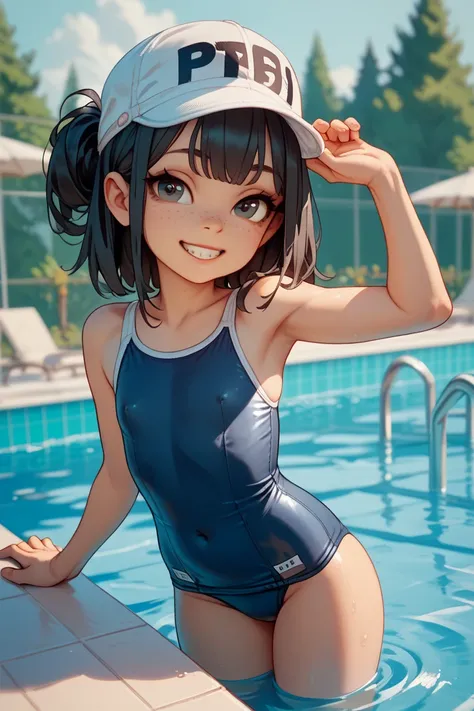  elementary school students、 flat chest、 black hair、 school swimsuit、White swimming rubber cap 、 with big ridges on the nipples 、 school pool 、 smiling face with squinting eyes and wide opening of the mouth
