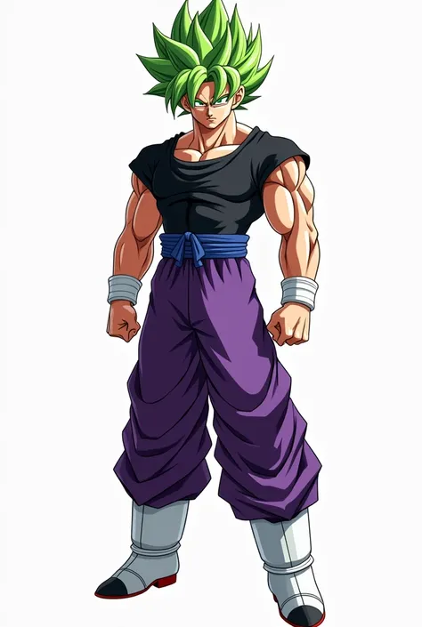  makes a Dragon Ball character,  who is a Saiyanjin with green Broly hair , very high,  very muscular body but not so much,with a thermal t-shirt below violet , white wristbands ,  tight purple pants and white Goku boots 