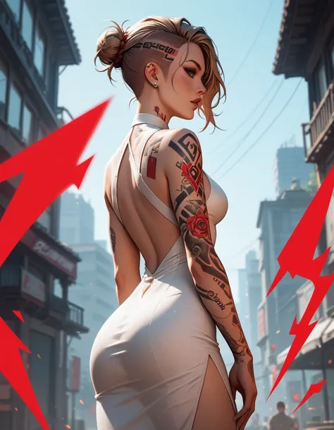 Score_9, score_8_up, score_7_up, MEJack, 1girl, slim figure, dark blonde hair, (green eyes), messy bun hairstyle, undercut hairstyle, tattoo, tattooed body, wearing white bodycon dress, (sideless dress), back keyhole cutout, (((red) psychic energy in hands...