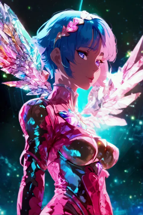 (masterpiece), best quality, expressive eyes, perfect face, voluptuous body, mature woman, magical girl, cyborg girl, space, cosmic, solo, cute, beautiful, pink outfit, short skirt, stiletto boots, stockings, blue hair, full body, crystal angel wings, 