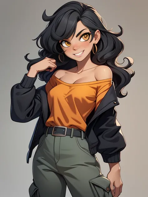 (best quality:1.3), (4K quality),masterpiece, best quality, high res, detailed, (Detailed face:1.2), (Detailed eyes:1.2), (Perfect figure:1.2), CARTOON, ANIME, CARTOON ARTSTYLE, 1girl, solo, wavy black hair, yellow eyes, tan-bronze skin, athletic figure. (...