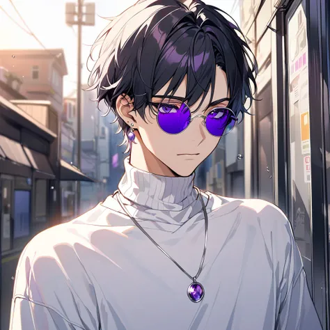 1man, Young Adult, Short Hair, Black Hair, purple Eyes, Silver Earrings, Closed Mouth, Wearing White Turtleneck,High quality, Silver Pendant, Wearing Round Sunglasses, Purple Glasss Lenses
