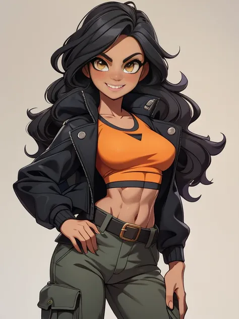 (best quality:1.3), (4K quality),masterpiece, best quality, high res, detailed, (Detailed face:1.2), (Detailed eyes:1.2), (Perfect figure:1.2), CARTOON, ANIME, CARTOON ARTSTYLE, 1girl, solo, wavy black hair, yellow eyes, tan-bronze skin, athletic figure. (...