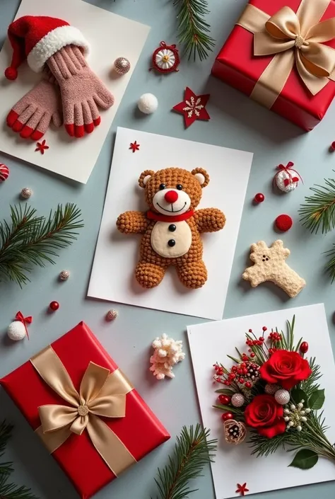  Create an aesthetic-style photo collage of things that work as Christmas gifts,  for example , some cute cookies ,  some gloves for the cold , a stuffed animal, a bouquet of flowers, etc,  with a maximum of 5 photos ,  all on a Christmas-themed background...