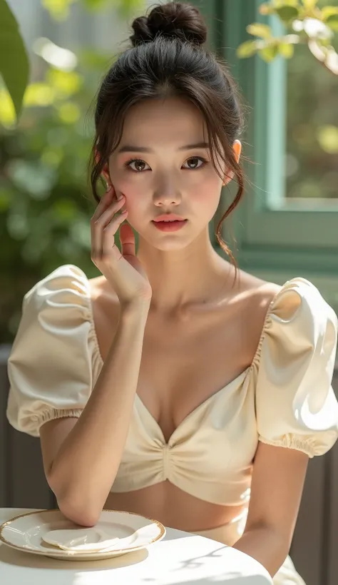 Chinese girl, fair skin, young, hair tied up, posing gracefully at the dining table, on the terrace of a luxurious cafe, wearing a cream crop top tied at the waist, revealing a sweet design and revealing a beautiful chest, satin fabric highlights the luxur...