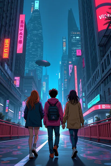  A comic book .  Three friends coming home at night in a cyberpunk city on a street half closed but not much. Its three friends ,  a boy and two girls .