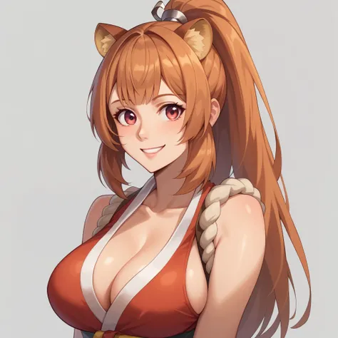 raphtalia ,  bright orange hair, Ojos rojos,  , smile  , big breasts, pale skin ,animal ears,  disfras de mai shiranui de king of fighters fondoun pueblo ninja. pueblo ninja de fondo