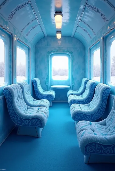  Inside the Frozen train there are several Frozen armchairs ,  glass windows ..  The bright blue plush carpet floor  ,  the shiny plush blue walls ,  Everything with details from Frozen , blue and white , I want the armchairs with cushions from Frozen 