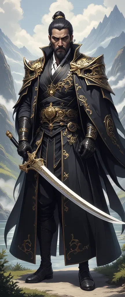 photo, man dressed in black and gold holding a sword (FantasyDaimyo style:1)  