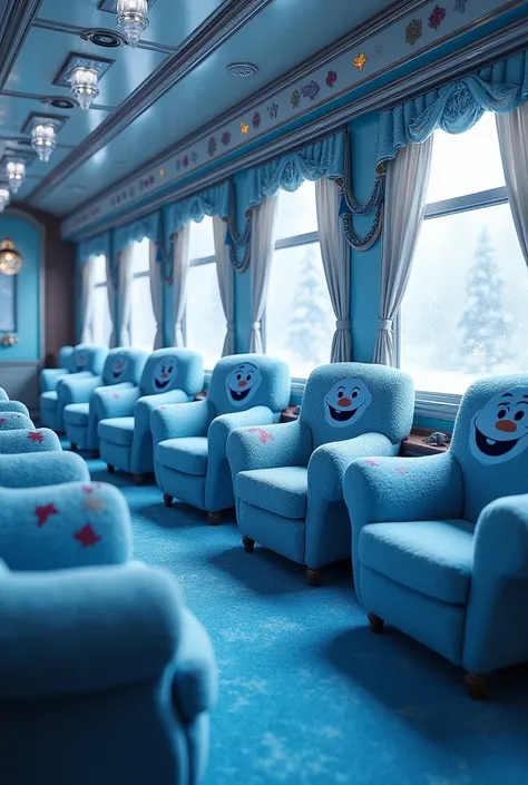 Inside the Frozen train there are several armchairs with cushions with Frozens face on them ,  glass windows ..  The bright blue plush carpet floor  ,  the shiny plush blue walls ,  Everything with details from Frozen , blue and white , I want the armchair...