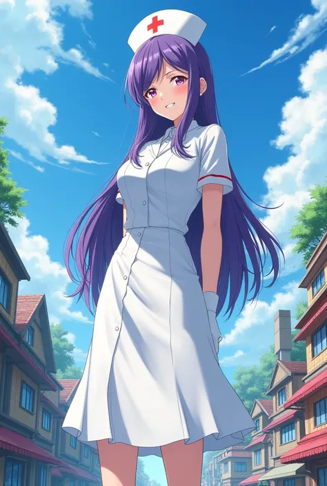 Anime art style of a giantess wearing a white nurse outfit. She has long purple hair with a bang of hair covering her right eye. She is smiling and standing in a tiny city. Low angle viewpoint.