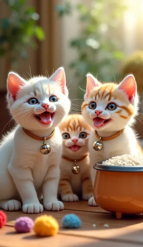 " create four adorable ,  slightly wrinkled texture and sturdy sole , A rice cooker，There is rice inside.  Each kitten has a unique coat color :  one has creamy white hair ,  and the other has off-white hair ,  and the third has only light orange tiger fur...