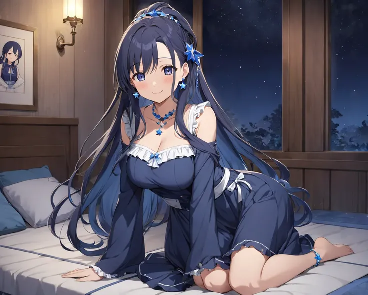 Full body view of a beautiful healing older sister idol with flushing cheeks anime pictures, dark navy blue hair, long hair tied on the side, straight hair, blue star hair ornaments, long forehead, calm atmosphere, gentle shy face, cheerful smile, blue sta...