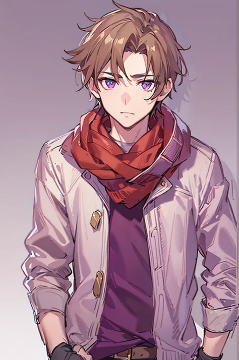 A MAN, light brown hair, purple eyes, pale skin, red scarf, casual clothes, 27 years old, skinny, cartoon, anime, white background.