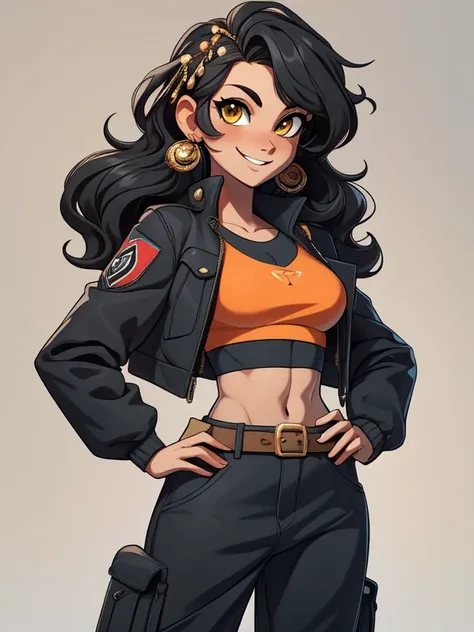 (best quality:1.3), (4K quality),masterpiece, best quality, high res, detailed, (Detailed face:1.2), (Detailed eyes:1.2), (Perfect figure:1.2), CARTOON, ANIME, CARTOON ARTSTYLE, 1girl, solo, short and wavy black hair, yellow eyes, tan-bronze skin, athletic...