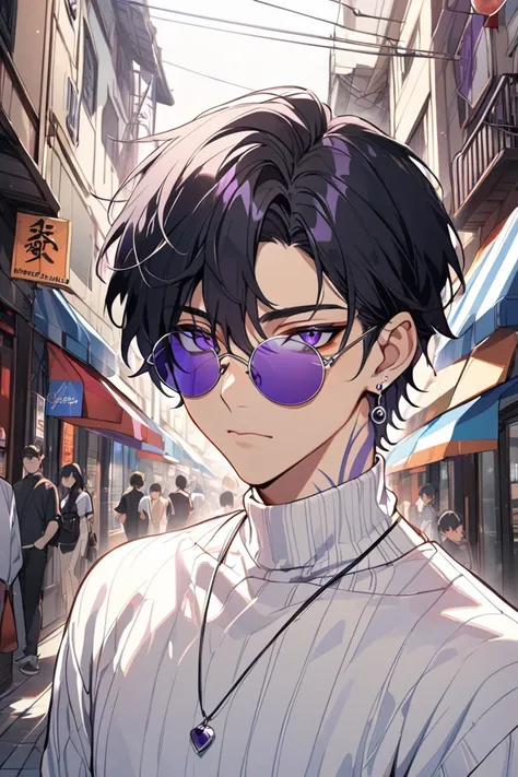 1man, Young Adult, Short Hair, Black Hair, purple Eyes, Silver Earrings, Closed Mouth, Wearing White Turtleneck,High quality, Silver Pendant, Wearing Round Sunglasses, Purple Glasss Lenses, Colorful Side Neck Tattoo
