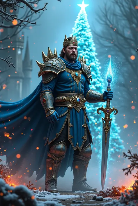 materialized as a valor and regal Viking handsome, muscular slavic Man with brown hair wearing ornamental bone mask, with bone crown that have rainbow gems in it necromancer in Cobalt and gold ornamental robes with armour plates in battle pose holding Azur...