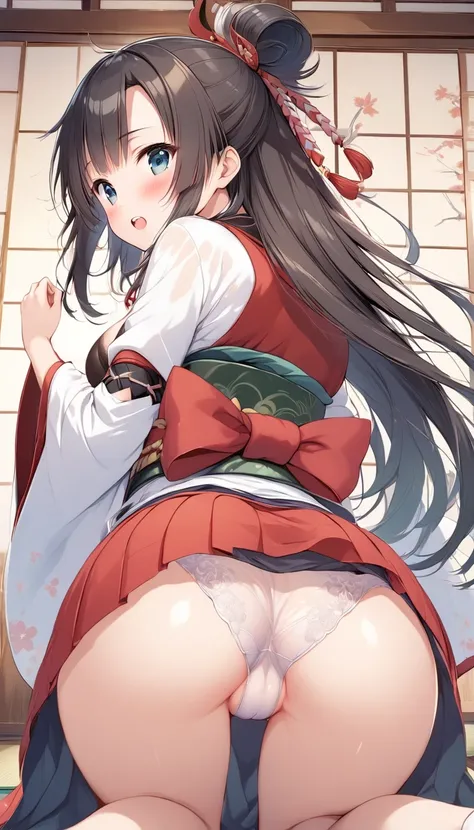 Vector art、One Girl Warrior 、 Warring States period、Japanese style background、 cute、Ninja costume、sakurafubuki、( petite girl:1.4)、 on all fours、Front teeth、 and turn around、(blush) normal breasts、 from behind 、 sheer thin Japanese underwear、 big butt、Big A...