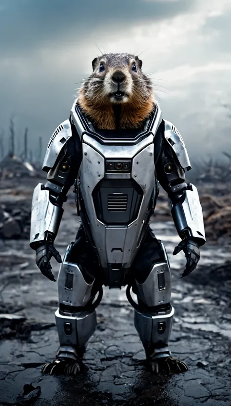 a groundhog in a robot suit in an apocalyptic landscape.