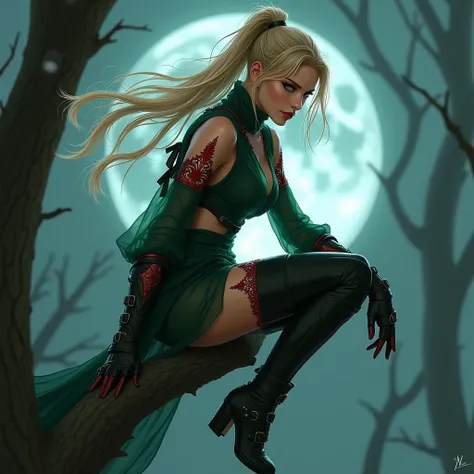 A strikingly beautiful and deadly rogue perched on a branch in Elwynn Forest, illuminated by the faint glow of a silver-blue moon. She is preparing to assassinate. Her lithe figure is clad in sleek, see-through pellucid dark green chiffon split armor, deco...