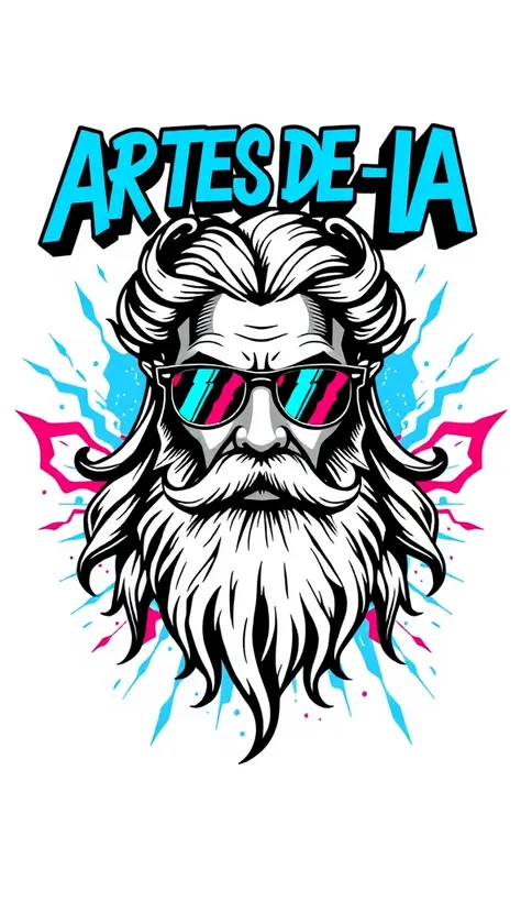 creative logo illustration fantasy style of crossed vivid blue and vivid fushia thunder bolts set in the background, a black and white intricate drawing of zeus with glowing vivid blue cracks and wearing cool sunglasses reflecting vivid fushia thunder bolt...