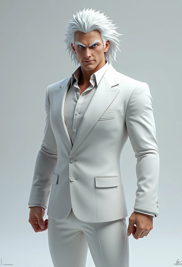 Yujiro Hanma Slightly long white hair with white eyebrows, bright sky blue eyes and strong white suit, realistic 3D style 