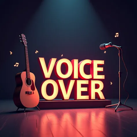 3D image of the name VOICE OVER in the middle of the Stage, standing Acoustic Guitar on the left side of the stage, microphone stand with microphone on the right side of the stage, note symbols around the stage. Realistic.