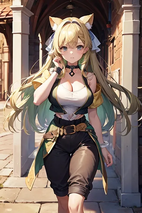  Choker with Key 　 beauty　Medieval Town 　 Harlem in Another World Labyrinth 　 Roxanne in Another World Labyrinth 　 and walk with a green hair band 　 Accurate Hand Shape 　 pretty huge breasts、 cleavage 　 shoulder out　 Yellow green vest with wide open chest ...