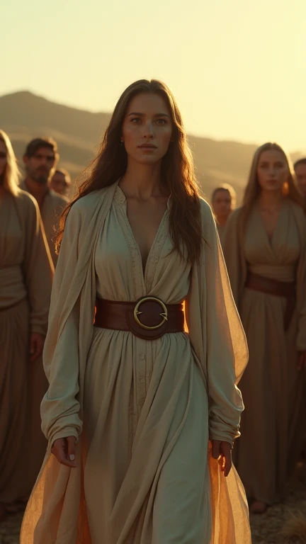 Create a scene of Maria Madalena walking among a group of followers, her posture confident and peaceful, symbolizing her new life of faith and devotion. Aspect ratio 16:9, cinematic suspense.