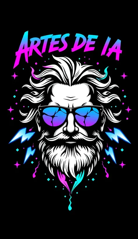 creative logo illustration fantasy style of crossed vivid blue and vivid fushia thunder bolts set in the black background, a black and white intricate drawing of zeus with glowing vivid blue cracks and wearing cool sunglasses reflecting vivid fushia thunde...