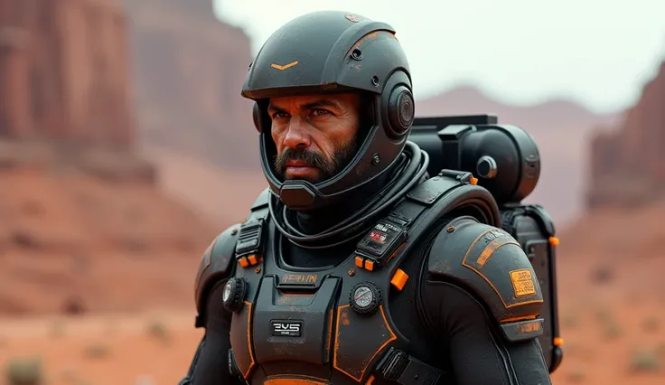 Create a hyper-realistic image of a mercenary astronaut in his 30s wearing a black suit with orange lines. His face is aged due to stress and had hard features. full body image
