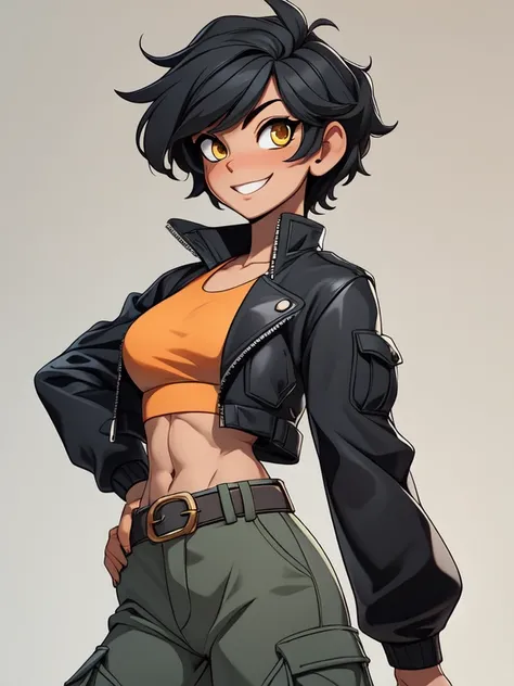 (best quality:1.3), (4K quality),masterpiece, best quality, high res, detailed, (Detailed face:1.2), (Detailed eyes:1.2), (Perfect figure:1.2), CARTOON, ANIME, CARTOON ARTSTYLE, 1girl, solo, black hair with bangs, yellow eyes, tan-bronze skin, athletic fig...