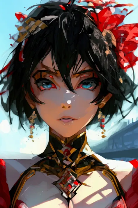 ((( Kitasan black ))),((( black hair)))、((( short hair)))、(((Red and black outfit)))、(Glare with sharp eyes)、(((HYPER Breast))),((( blue sky)))、(((Racecourse)))、(Best lighting)、{{{  be careful }}}、{{{masterpiece}}}, {{{ top quality }}}, {{ultra-  Details}}...