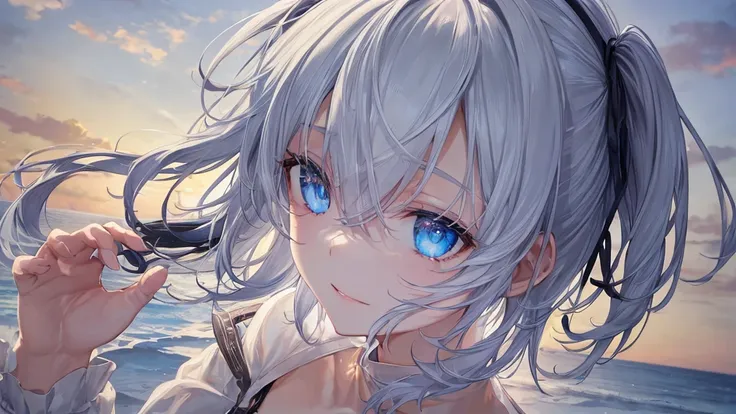  white hoodie 、 black shirt 、Ultra HD, Watch viewers with a beautiful sunset in the background , and, 20 years old, 非常に short hair,  long bangs between eyes, Pale blue eyes,  very detailed,(masterpiece、 top quality ),Gray Hair、Laughter、 amazing on the beac...