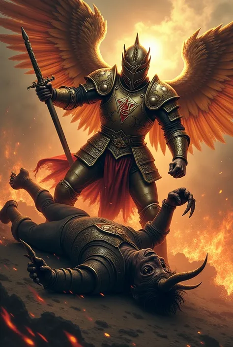 An epic battle between Archangel Michael and Lucifer in the neo-traditional tattoo style. Michael is dressed in intricately designed medieval armor adorned with dragon motifs on the shoulders and a Triangle of the Holy Trinity on his chest. He wears a full...