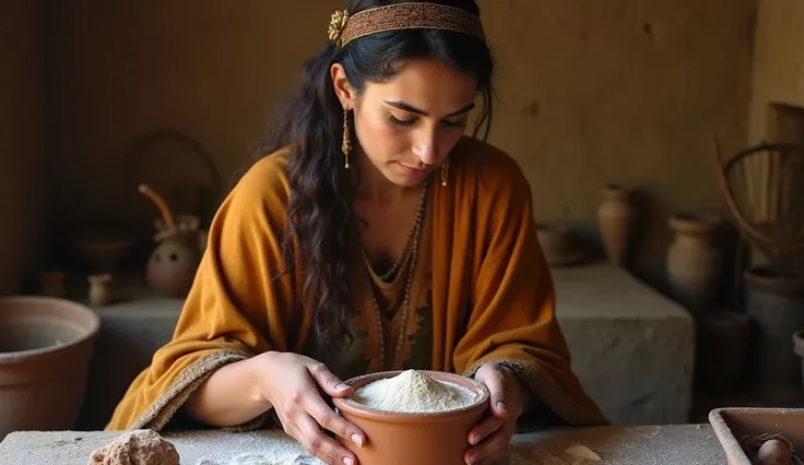 create an ultra-realistic image of a lady dressed as an ancient Israelite, kneading a little flour in a clay container, inside a humble house. use a Sony Alpha 7 camera and a Sony FE f/2 5-6.5 GOM lens