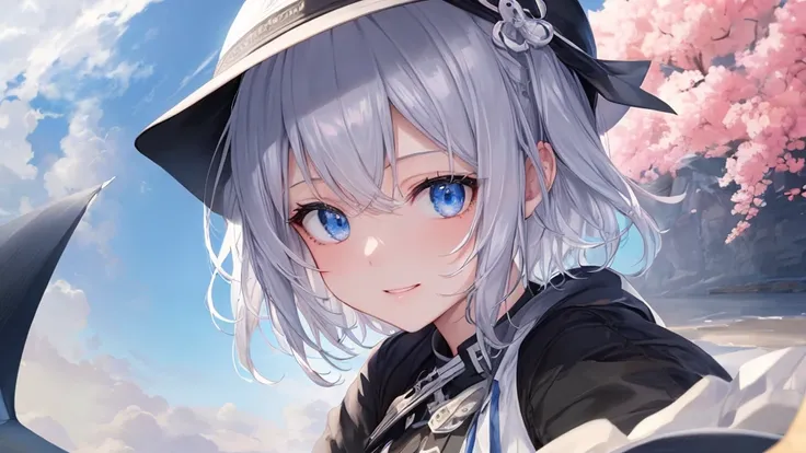  white hoodie 、 black shirt 、Ultra HD, Watch viewers with a beautiful sunset in the background , and, 20 years old, 非常に short hair,  long bangs between eyes, Pale blue eyes,  very detailed,(masterpiece、 top quality ),Gray Hair、Laughter、 amazing on the beac...