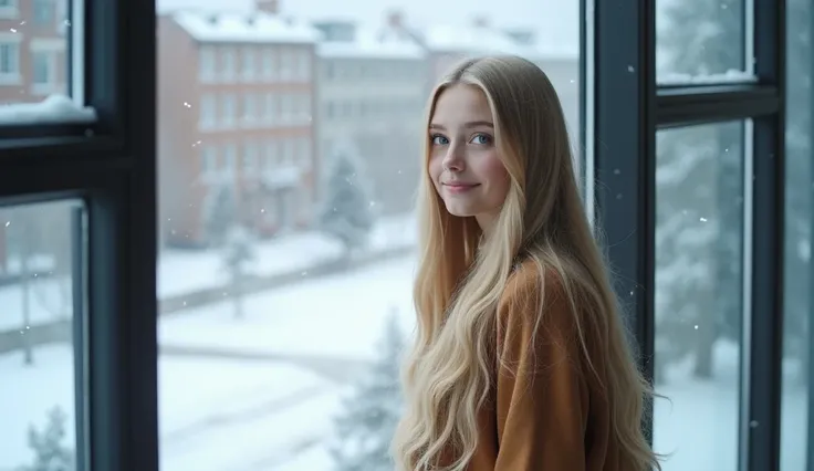  High quality. A real girl with 18 years old with beyond floor length blonde hair and see her "whole" body standing on the right of floor to ceiling window, must see her whole body. The scenario of window shows winter city in modern city. This graph MUST s...