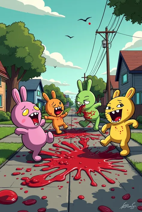  Create a drawing of the characters from Happy Tree Friends, In a normal uncontrolled murder scene 