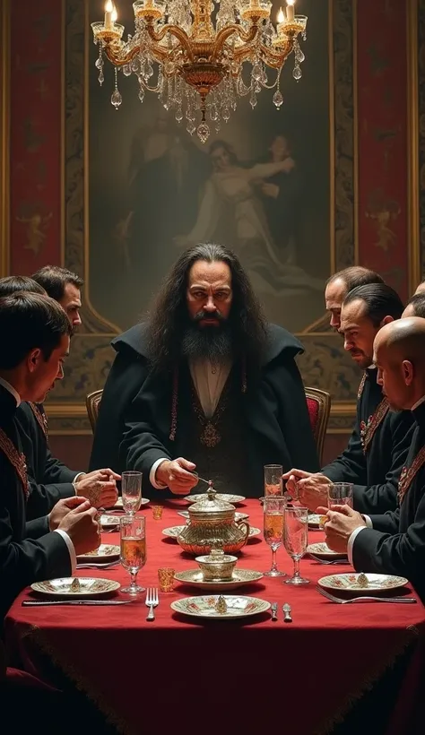 A dramatic scene of Rasputin being poisoned at a grand dining table, surrounded by anxious nobles, his face showing resilience