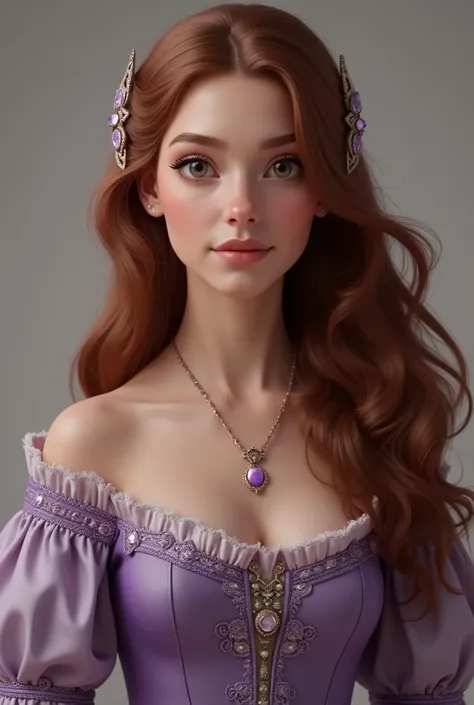 princess Freya, Bryetta sister, purplish dress, brown hair, almost red hair, hazel eyes, make it realistic